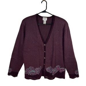 Vintage Koret Purple Embroidered Cardigan Sweater, Size-M